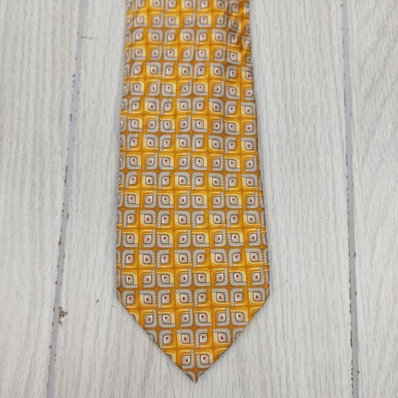 Ermenegildo Zegna Necktie Tie Yellow Gold Geometric 100% Silk Designer Business - Picture 2 of 5